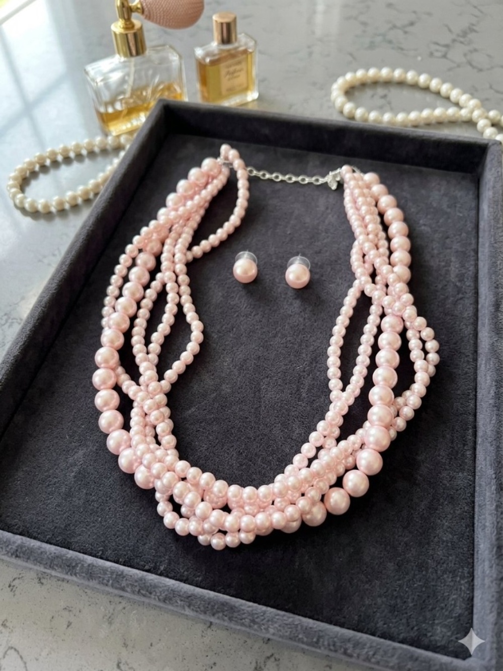 Vintage Multi-Strand Soft Pink Faux Pearl Cluster Necklace & Stud Earrings Set